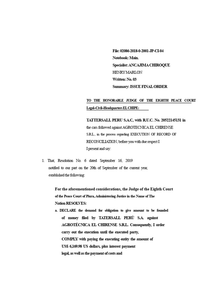 Final Order Execution Request in Piura | PDF | Judge | Justice