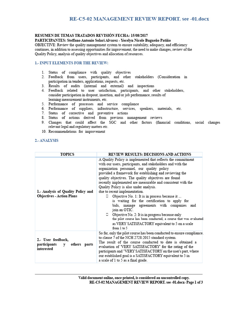 RE-C5-02 MANAGEMENT REVIEW REPORT. see -01 | PDF | Audit | Quality ...
