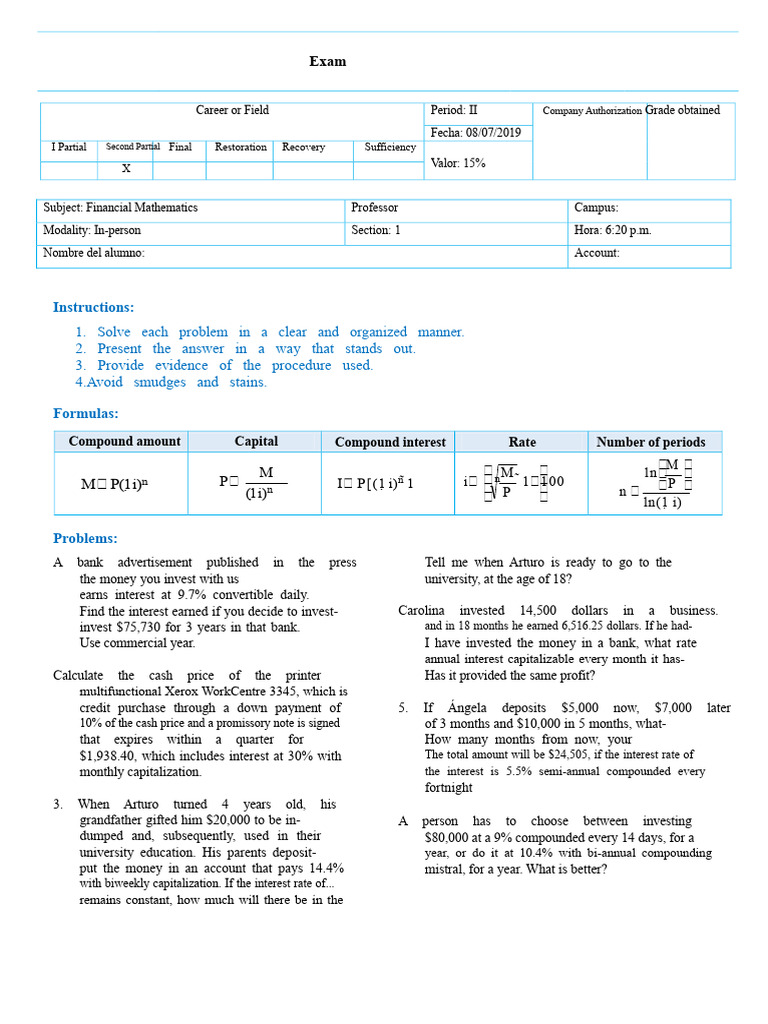 EXAM 2 Financial Mathematics | PDF | Interest | Compound Interest