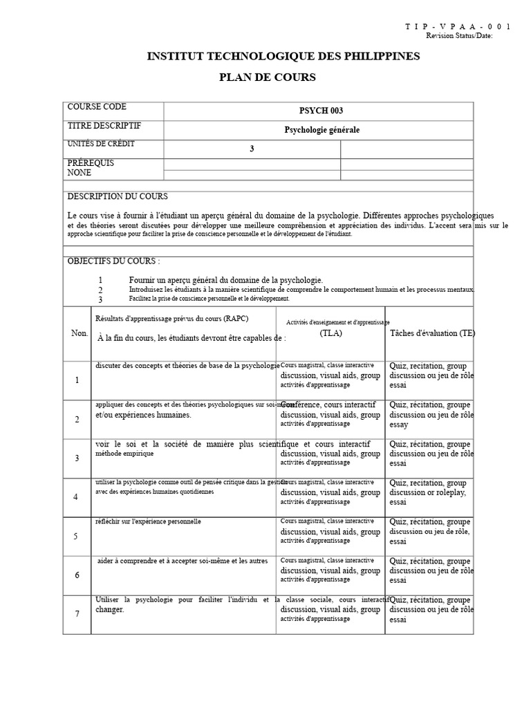 Plan de cours en psychologie générale | PDF | Psychologie | Psychologie ...