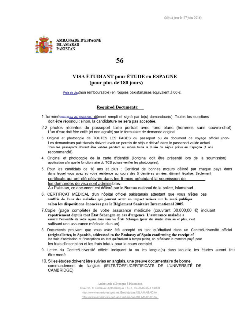 Visa étudiant Espagne : documents requis | PDF | Visa (Document ...