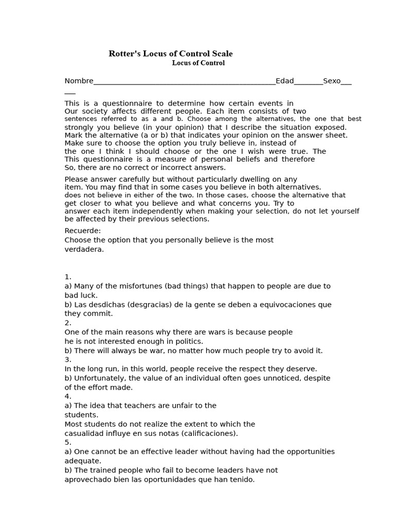 Rotter's Locus of Control Questionnaire | PDF