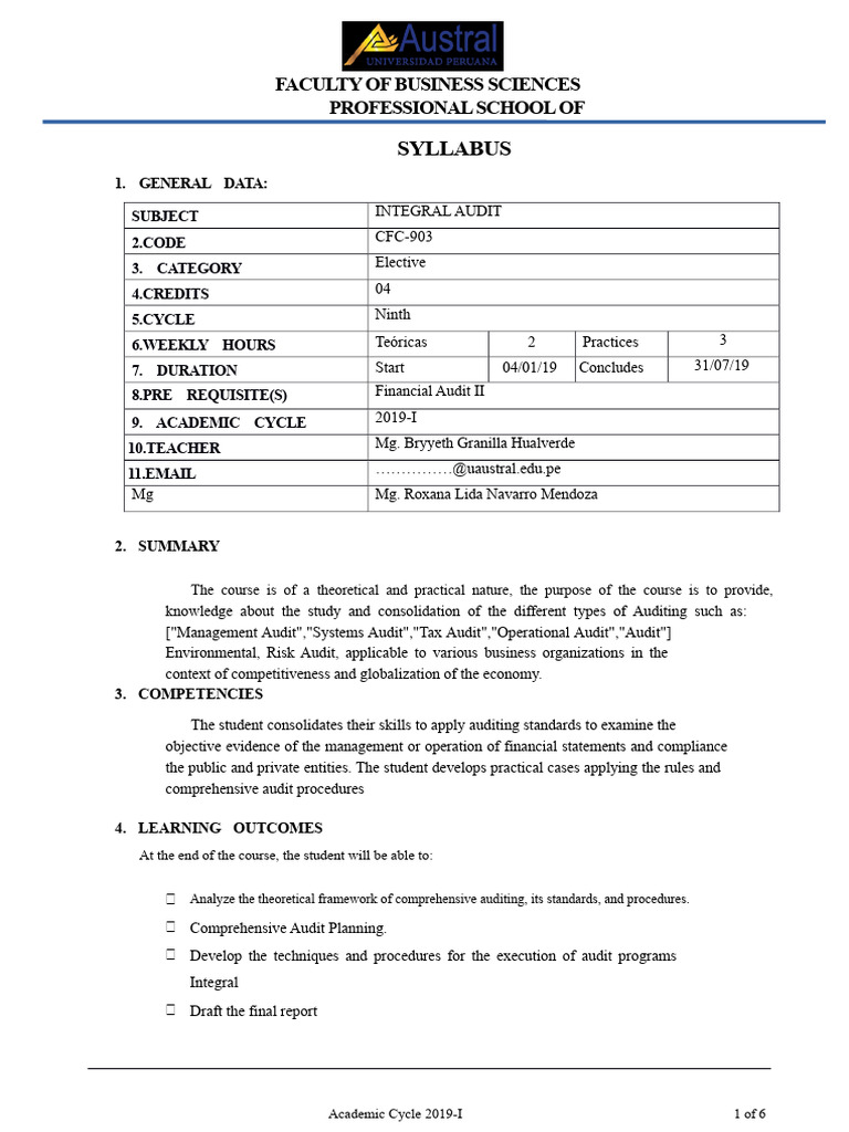 Integral Audit Course Syllabus 2019 | PDF | Audit | Internal Control