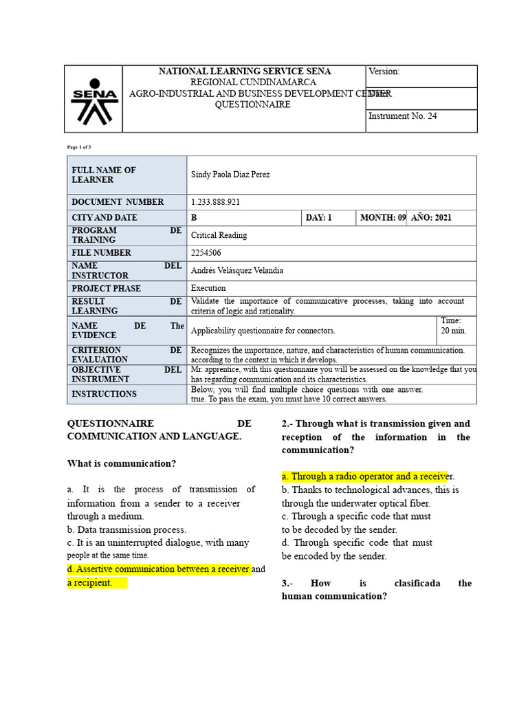 Communication Knowledge Assessment Questionnaire | PDF | Communication ...
