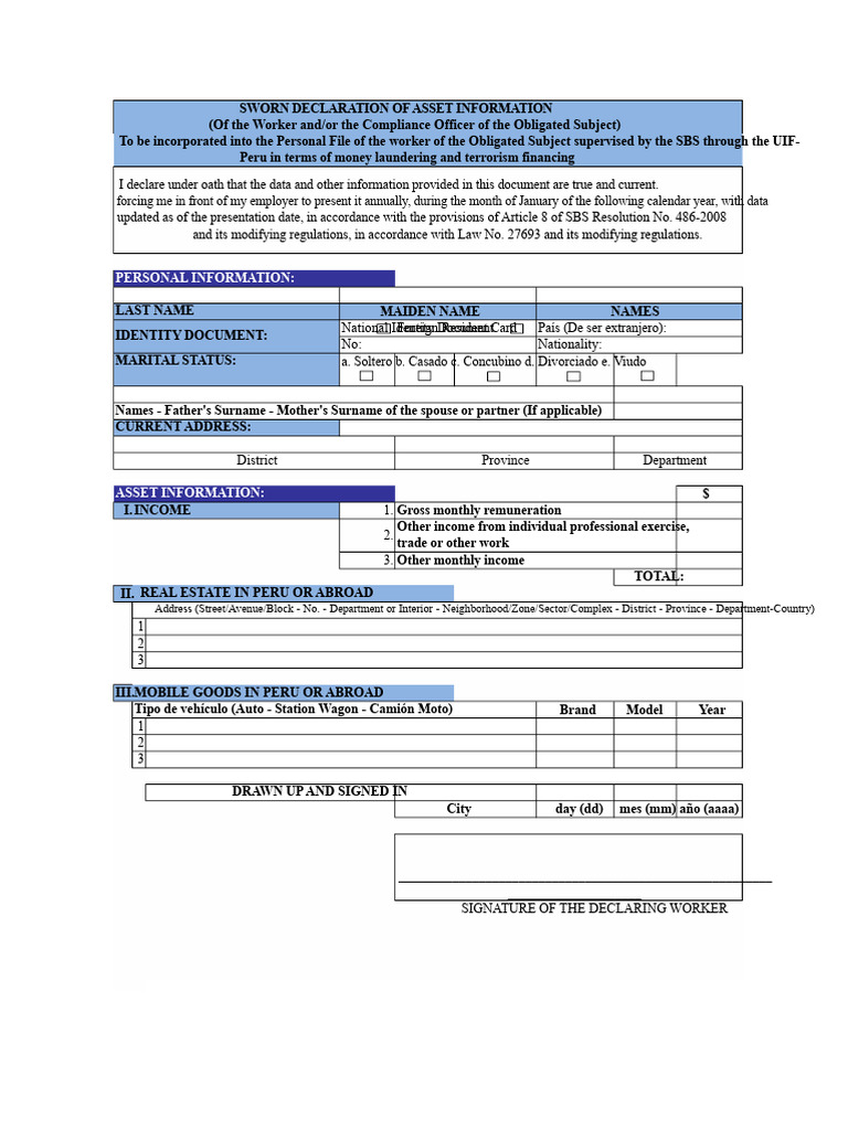 Sworn Asset Declaration Form for Workers | PDF | Identity Document