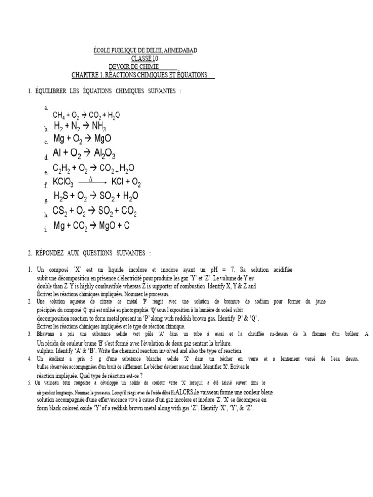 Devoir de chimie : Réactions et équations | PDF | Chimie | Métaux