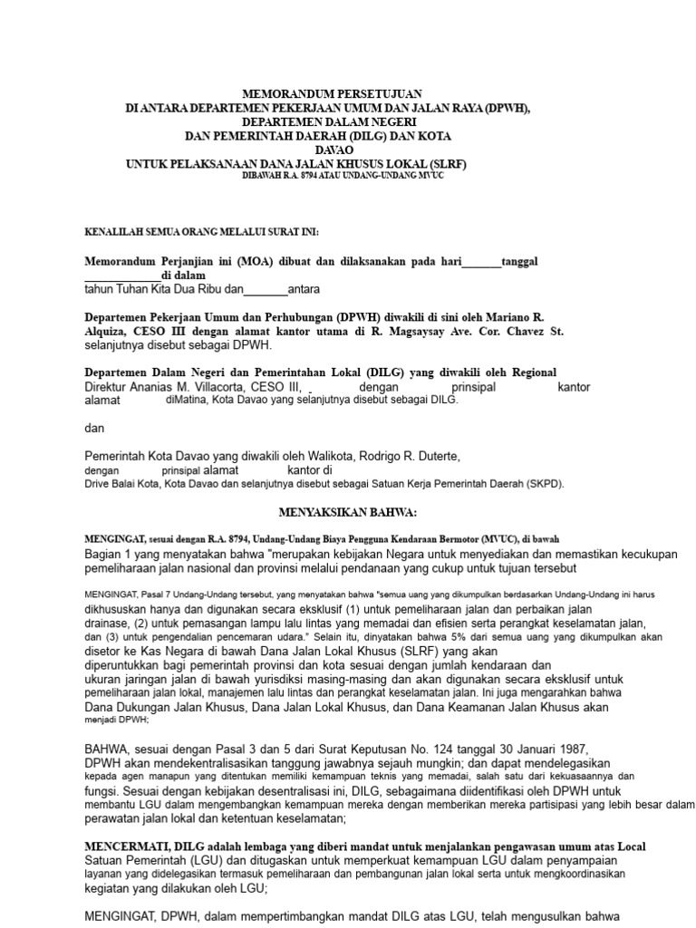 Memorandum Perjanjian SLRF Davao | PDF