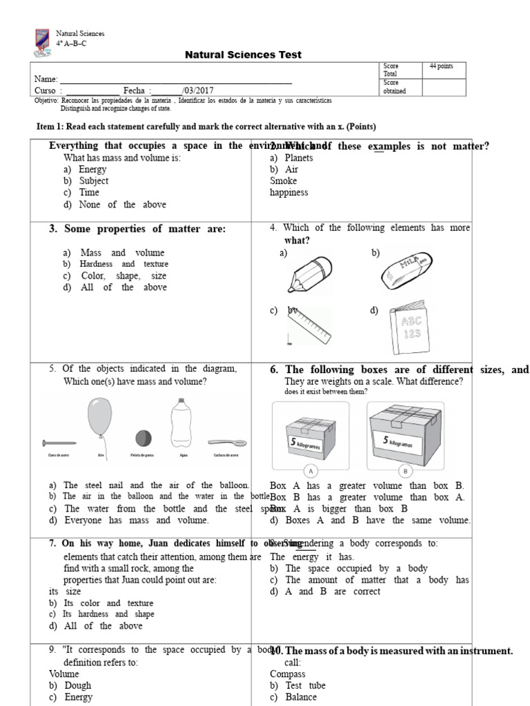 Natural Sciences Test on Matter Properties | PDF | Liquids | Gases