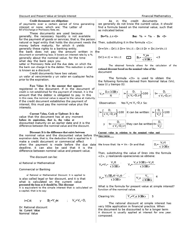 Discount and Present Value at Simple Interest | PDF | Present Value ...