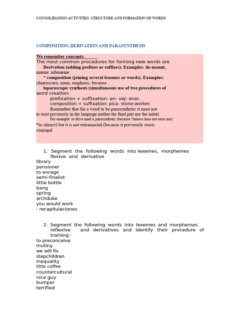 Word Formation: Derivation and Composition | PDF | Word | Morphology ...