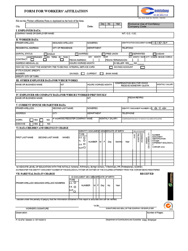 Worker Affiliation Form Template | PDF | Identity Document | Birth ...