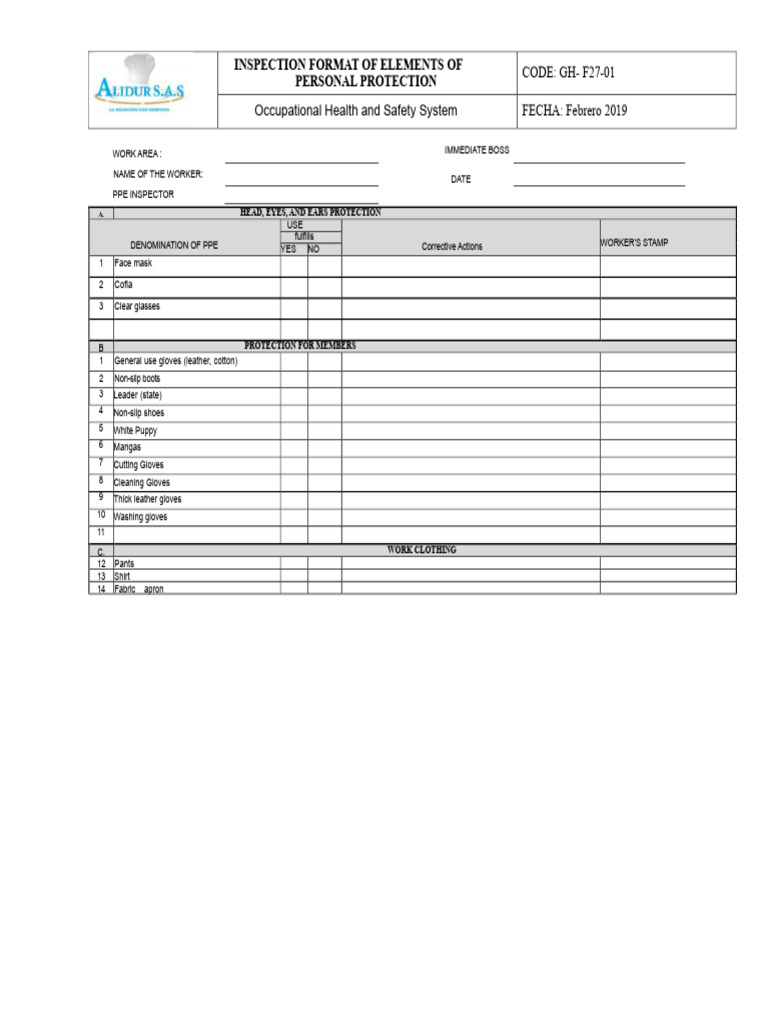 Personal Protective Equipment Inspection Format | PDF | Personal ...