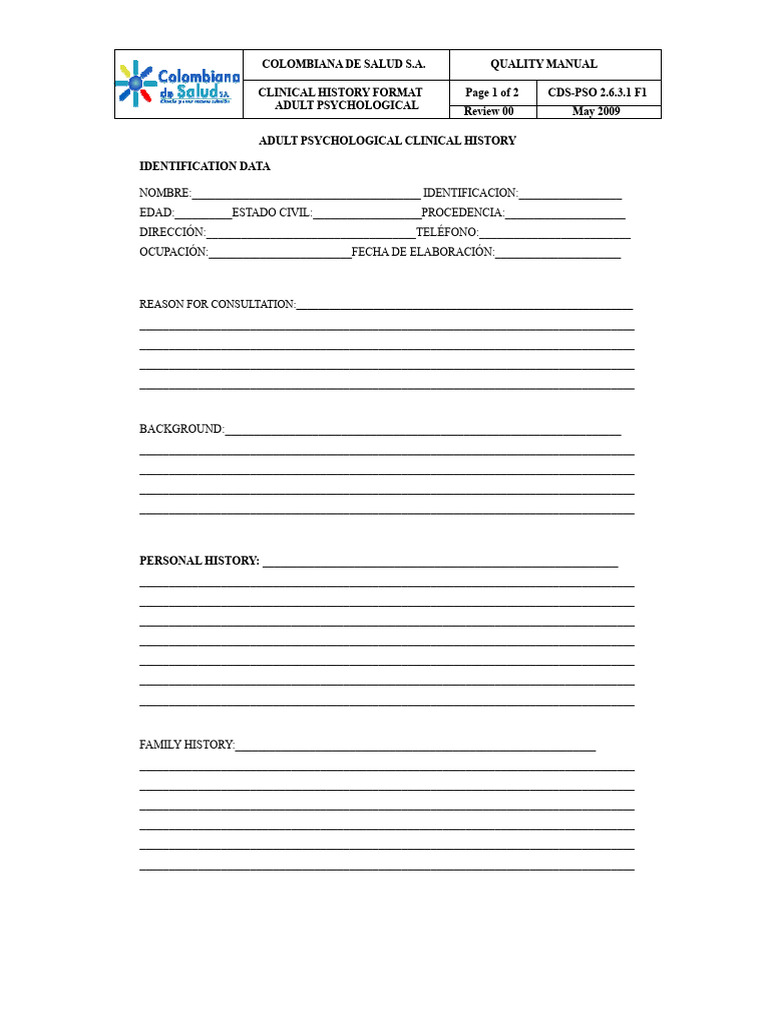 2.6.3.1 F1 Format Psychological Clinical History Adults PDF | PDF ...
