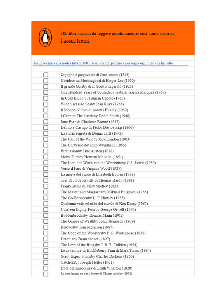 100 Classici Da Leggere Assolutamente - Foglio1 | PDF