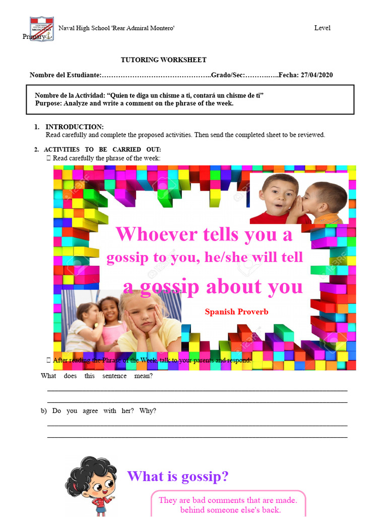 Naval High School Gossip Analysis Worksheet | PDF