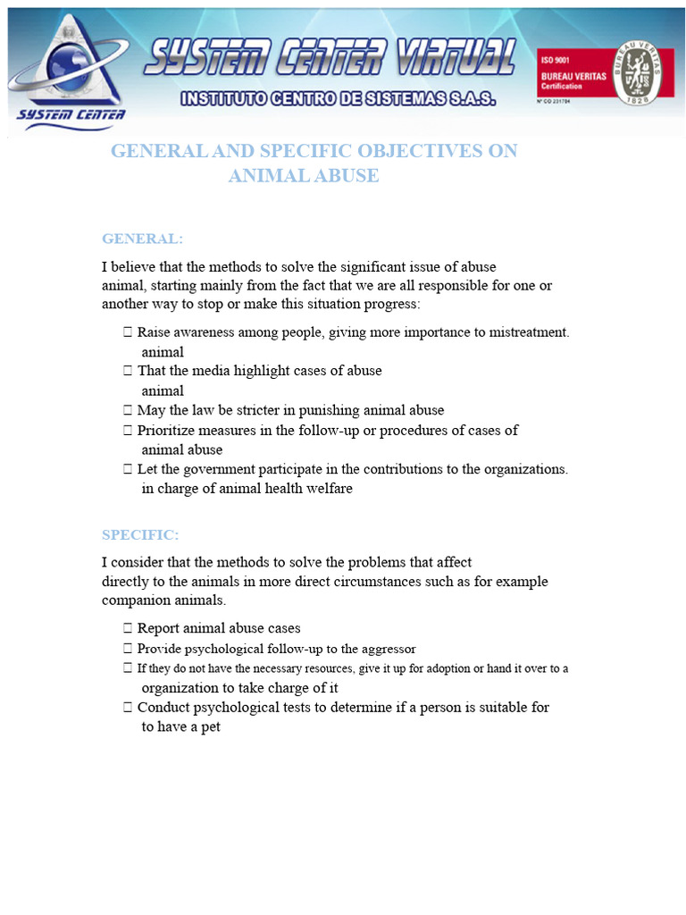 General and Specific Objectives On Animal Abuse | PDF