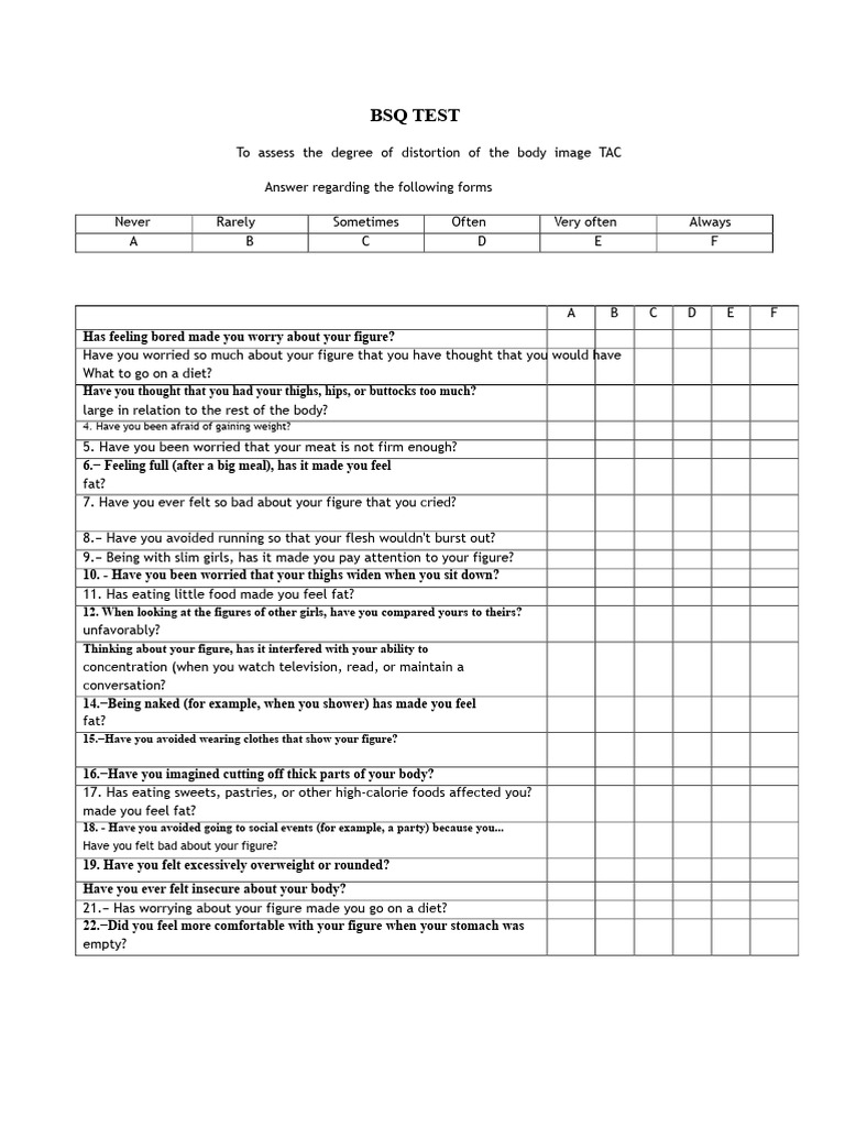 Body Image Distortion Assessment Test | PDF | Body Image | Eating Disorder