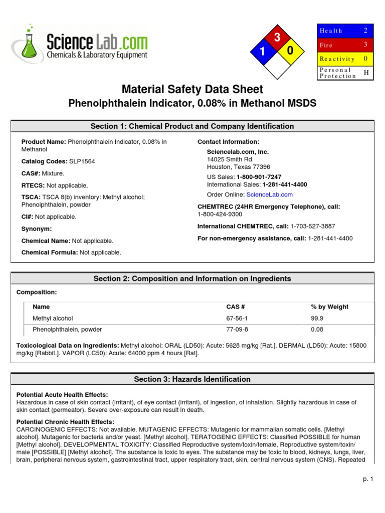 16. Phenolphthalein Indicator Methanol Flammability
