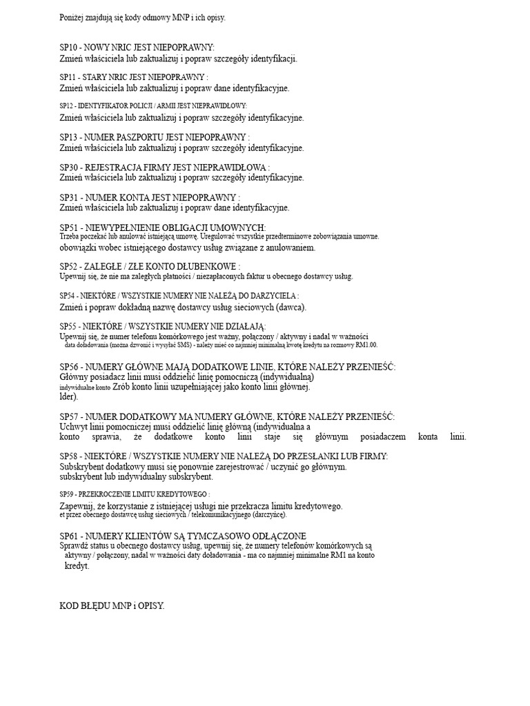 Kod Odrzucenia MNP Onexox | PDF