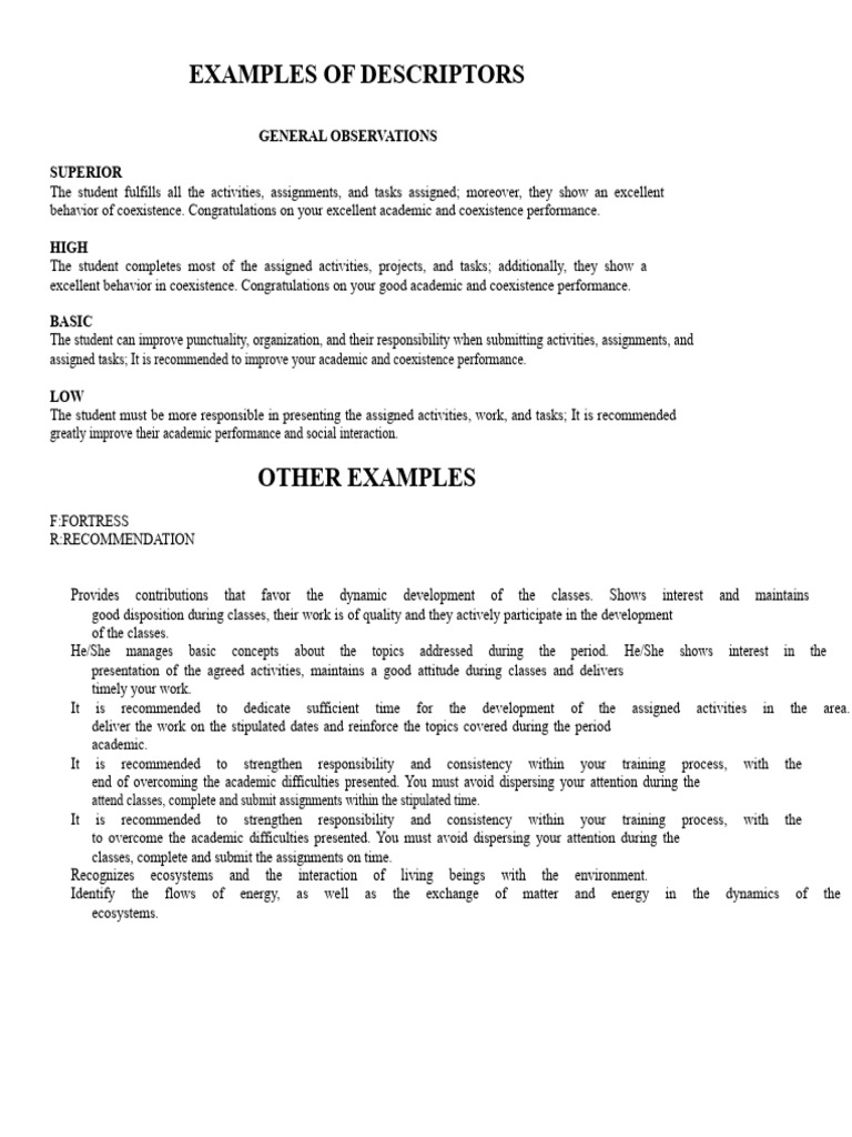 Examples of Descriptors | PDF | Cognition | Social Psychology