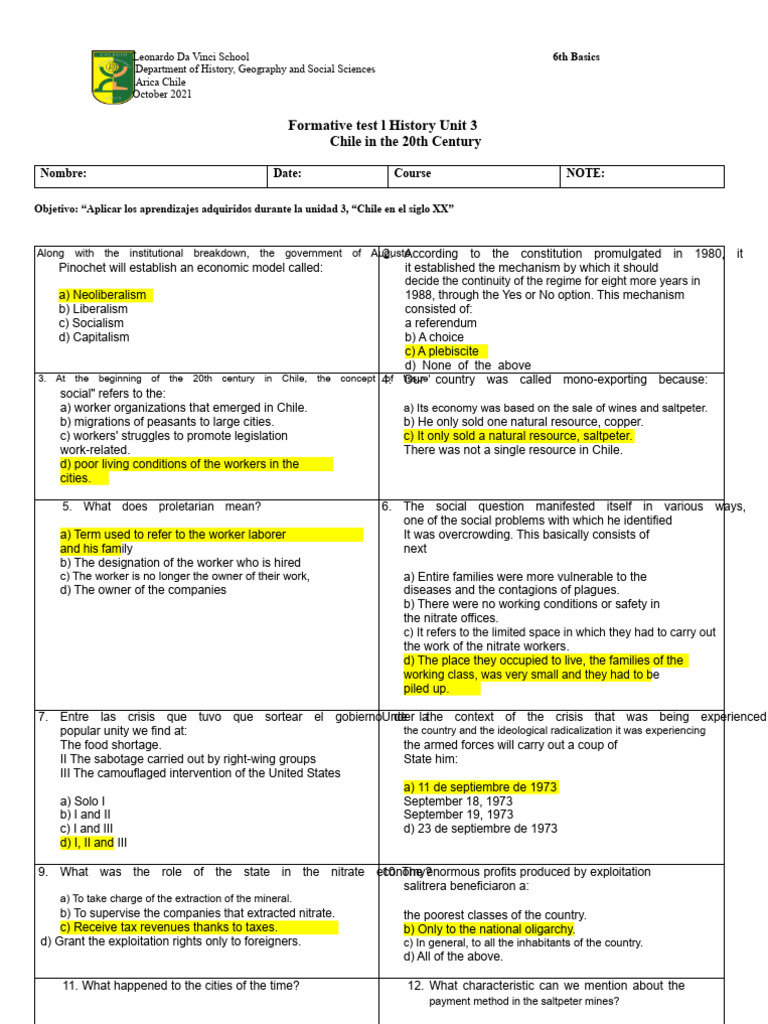 Test History 6th UNIT 3 FORMATIVE 2 | PDF | Chile | Democracy