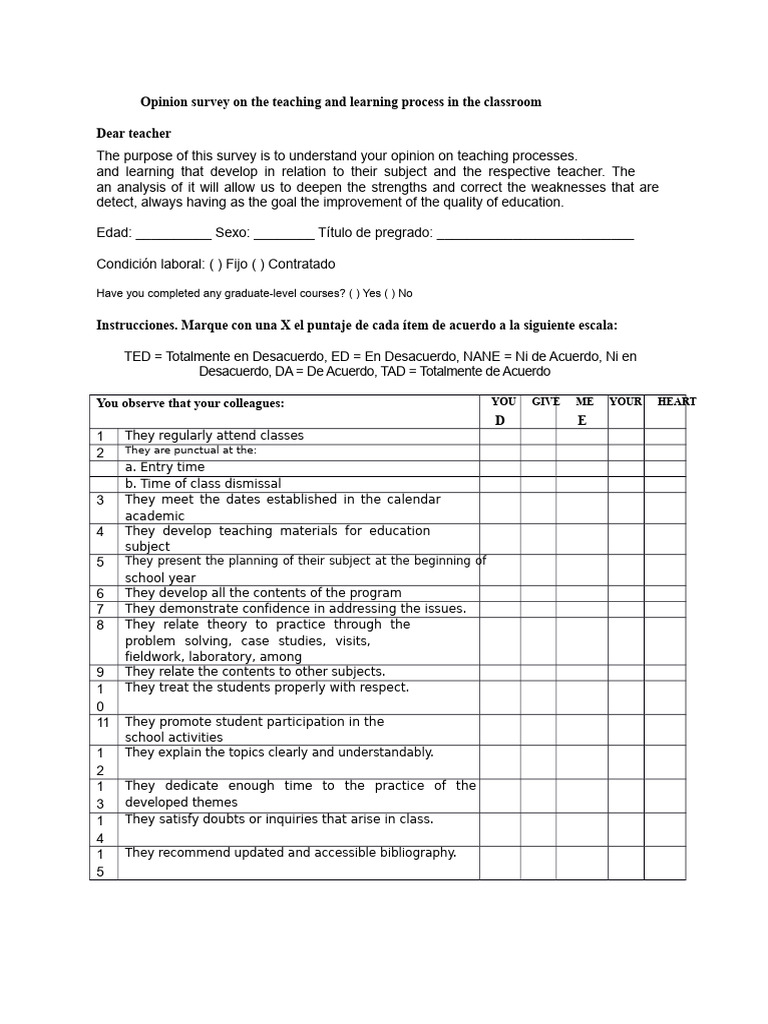 Opinion Survey On The Teaching and Learning Process in The Classroom ...