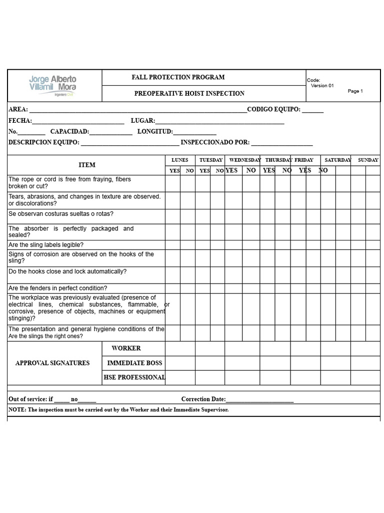 Fall Protection Hoist Inspection Checklist | PDF