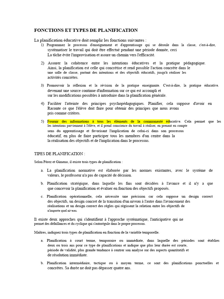 Fonctions et types de planification éducative | PDF | Planification ...