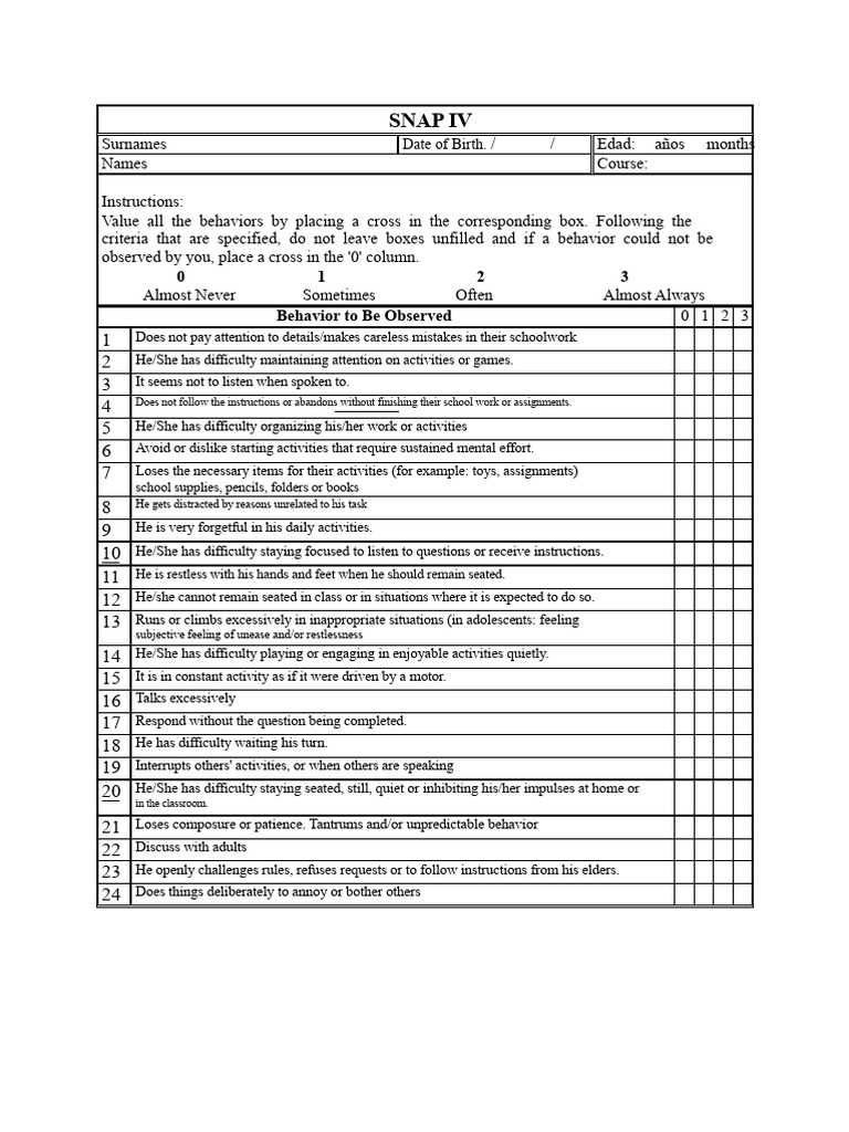 ADHD Behavior Assessment Form | PDF | Attention Deficit Hyperactivity ...