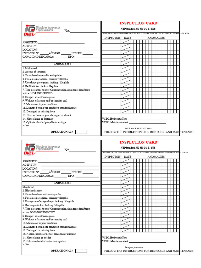 Fire Extinguisher Inspection Card Template | PDF | Chess Openings | Chess