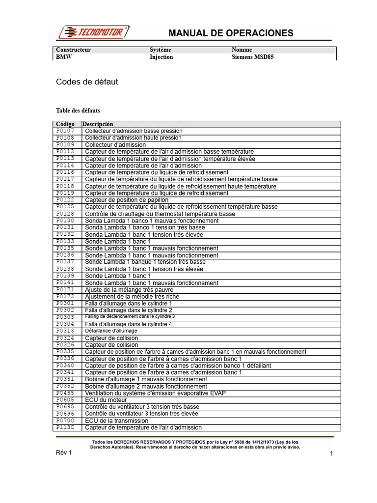 Codes de défaut BMW et diagnostics | PDF | Allumage | Injection (moteur)