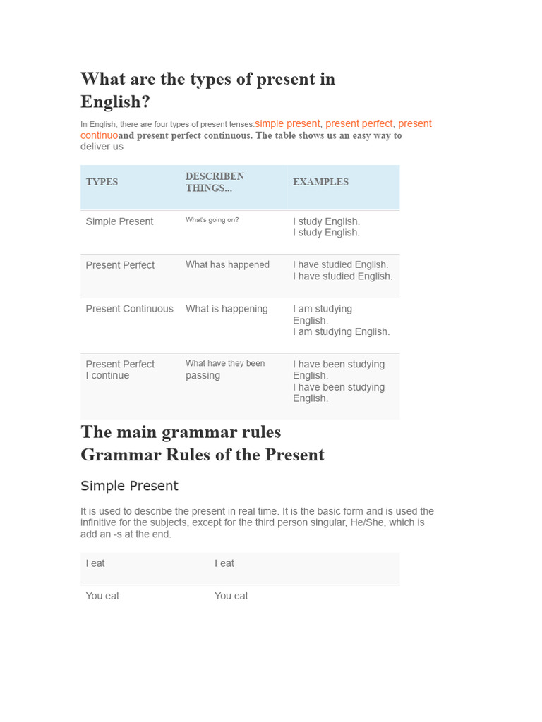 Types of Present Tenses in English | PDF | English Language | Verb