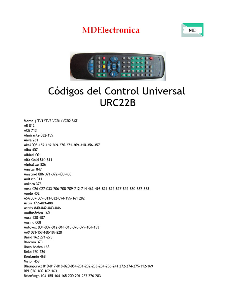 Códigos de Control Universal URC22B | PDF