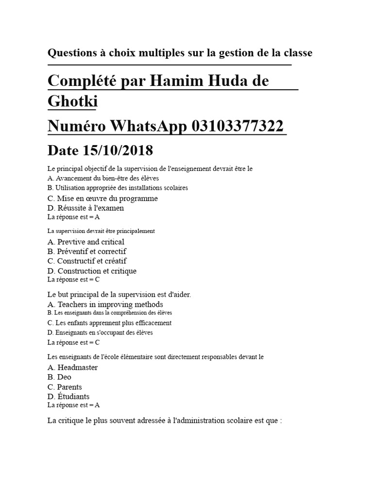 Questions sur la gestion de classe et supervision | PDF | Quotient ...