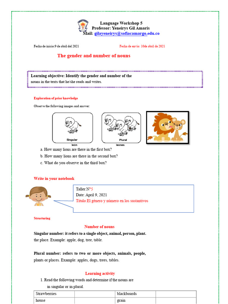 Gender and Number of Nouns Workshop | PDF | Grammatical Gender | Noun