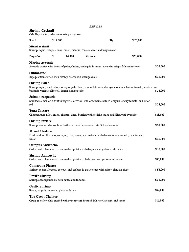 Seafood Menu with Prices and Options | PDF | Sauce | Foods