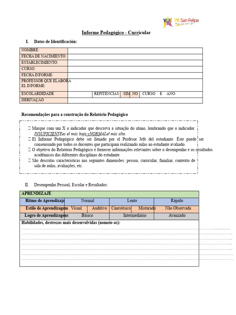 Informe Pedagógico: Avaliação do Aluno | PDF | Pedagogia | Aprendizado