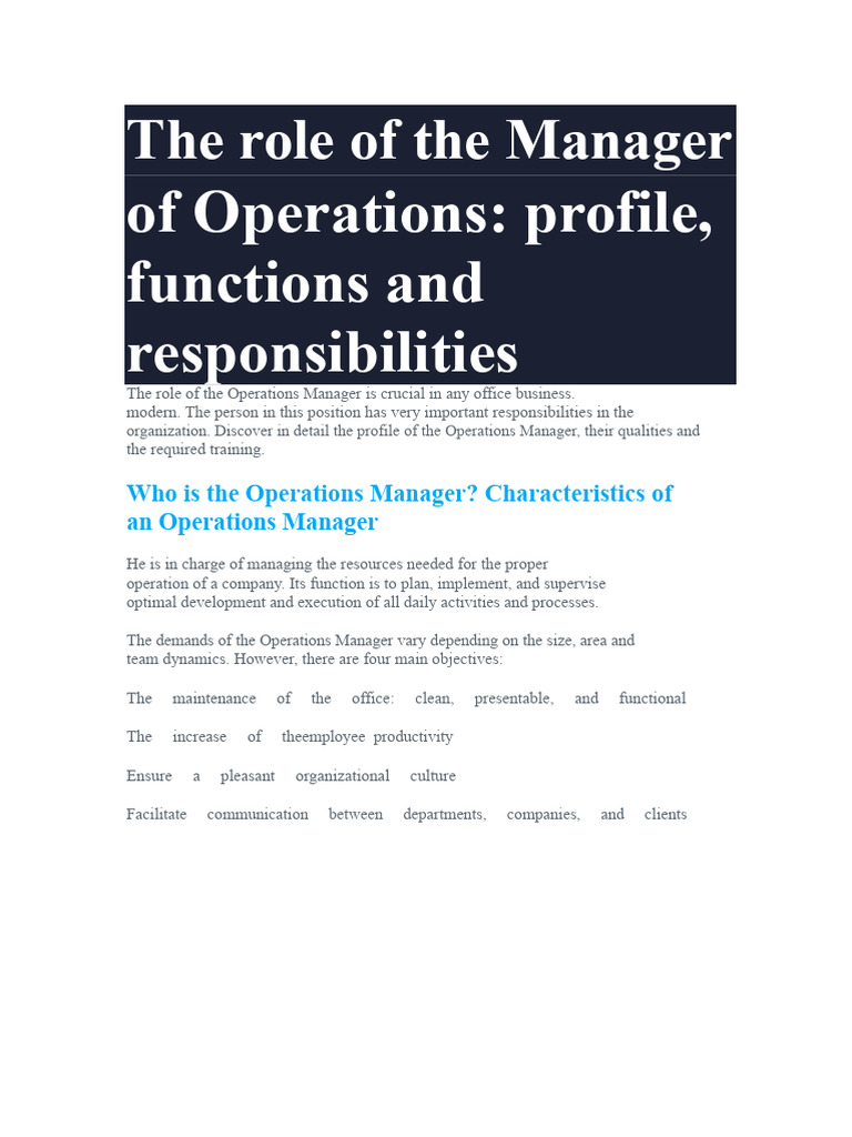 Operations Manager: Roles & Responsibilities | PDF | Logistics | Supply ...