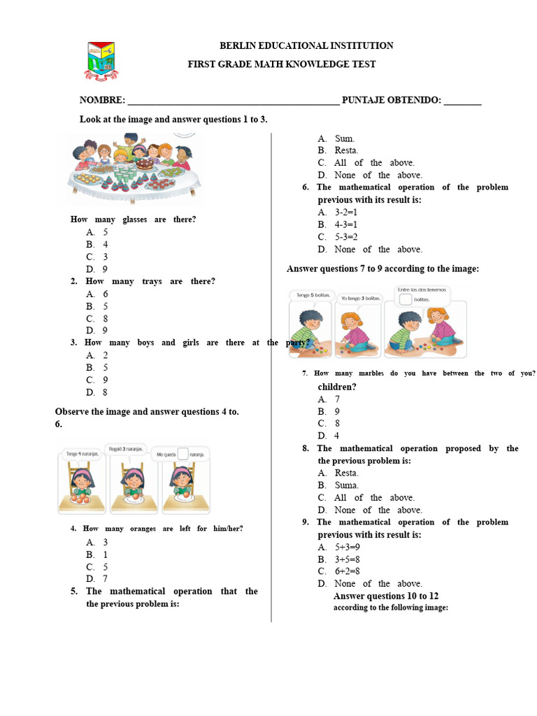 Math Test First Grade | PDF | Mathematics | Elementary Mathematics