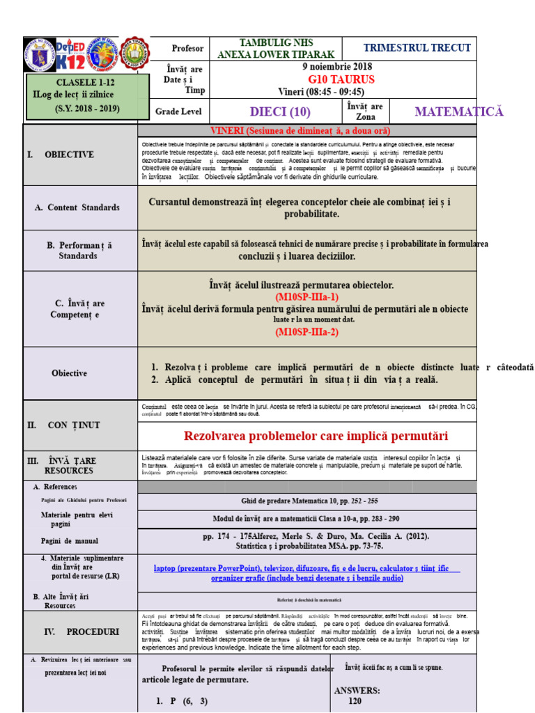 Plan de Lecție Detaliat La Matematică 10 (Permutare) | PDF