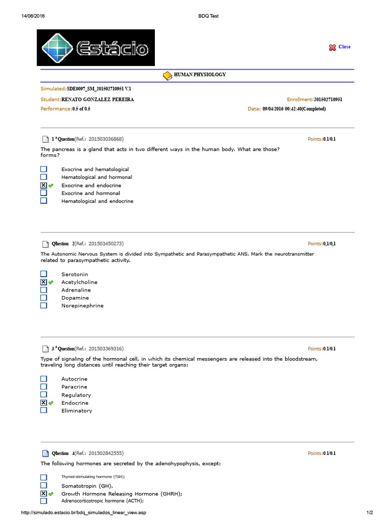 Human Physiology Test Questions | PDF | Action Potential | Neuron