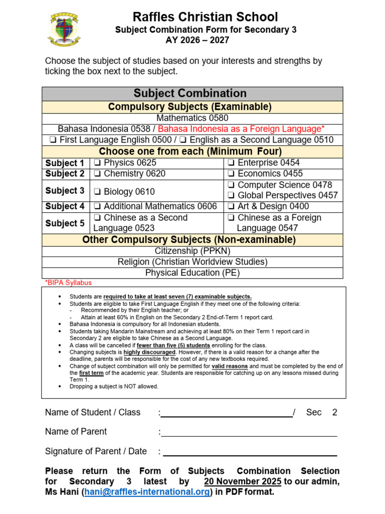 Secondary 3 Subject Selection Form 2026-2027 | PDF