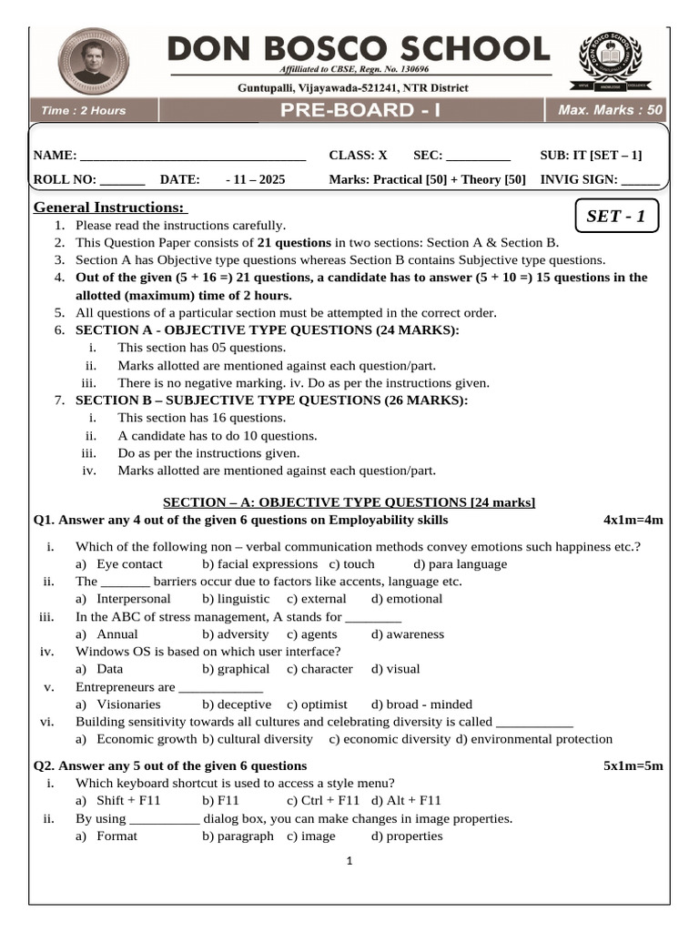 Grade - 10 (PB1 - SET - 1) Computers | PDF | Databases | Communication