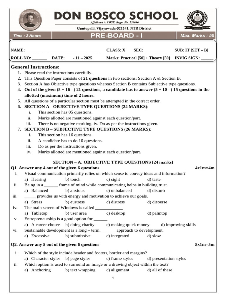 IT Class X Exam Question Paper | PDF