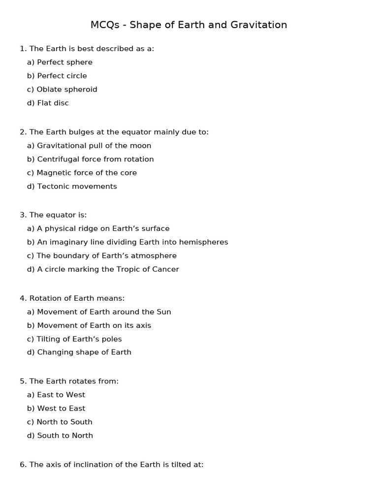 MCQs Shape of Earth and Gravitation | PDF | Earth | Equator