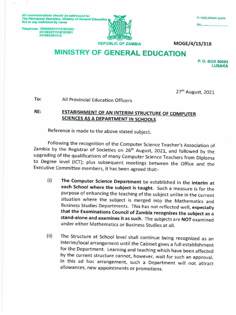 PS Letter - Computer Studies Interim Structure | PDF