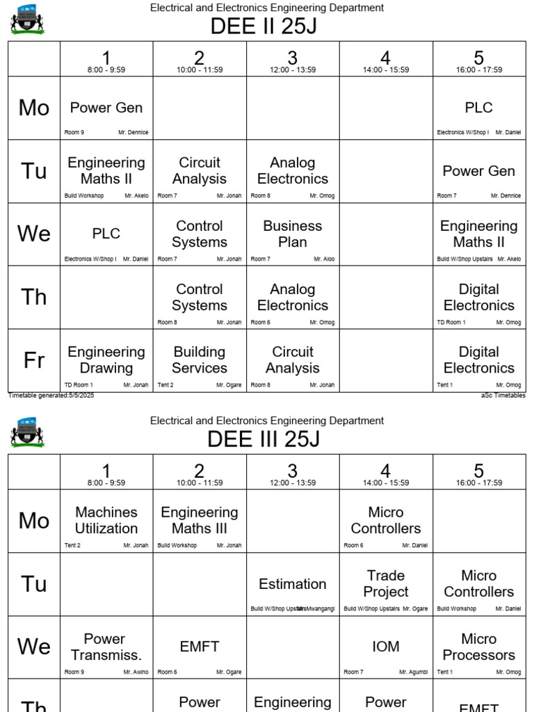 May - July 2025 Elecrical Timetable | PDF | Electronics | Electricity