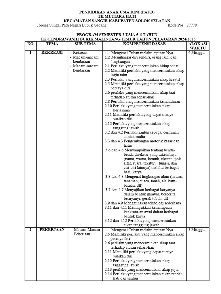 Program Semester PAUD TK Mutiara Hati | PDF