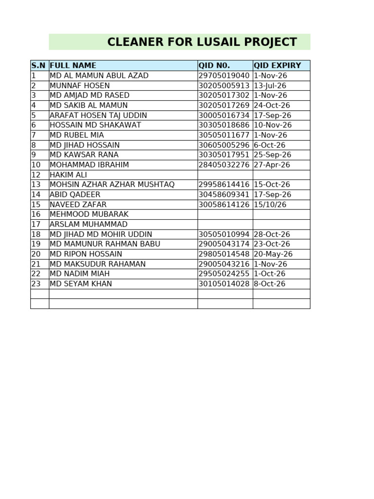 Cleaner List for Lusail Project | PDF