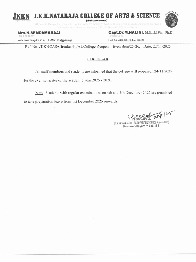 Circular 90 - College Reopen - Even Sem 2025-26 | PDF